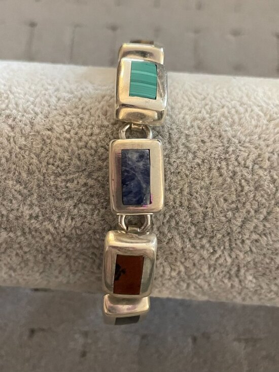 Taxco Jewelry - Vintage Sterling Silver Bracelet Taxco Multi Stone 7" 950 Handmade 35 grams
